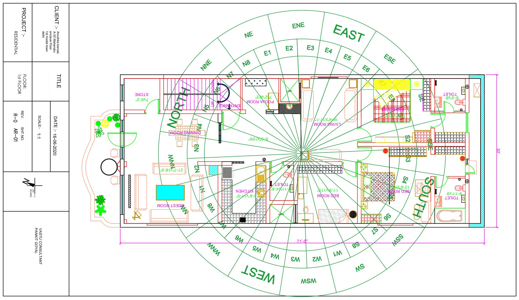 Grid Overlay - Model Town Residence - The complete directional grid, used to check each room against its ideal placement.