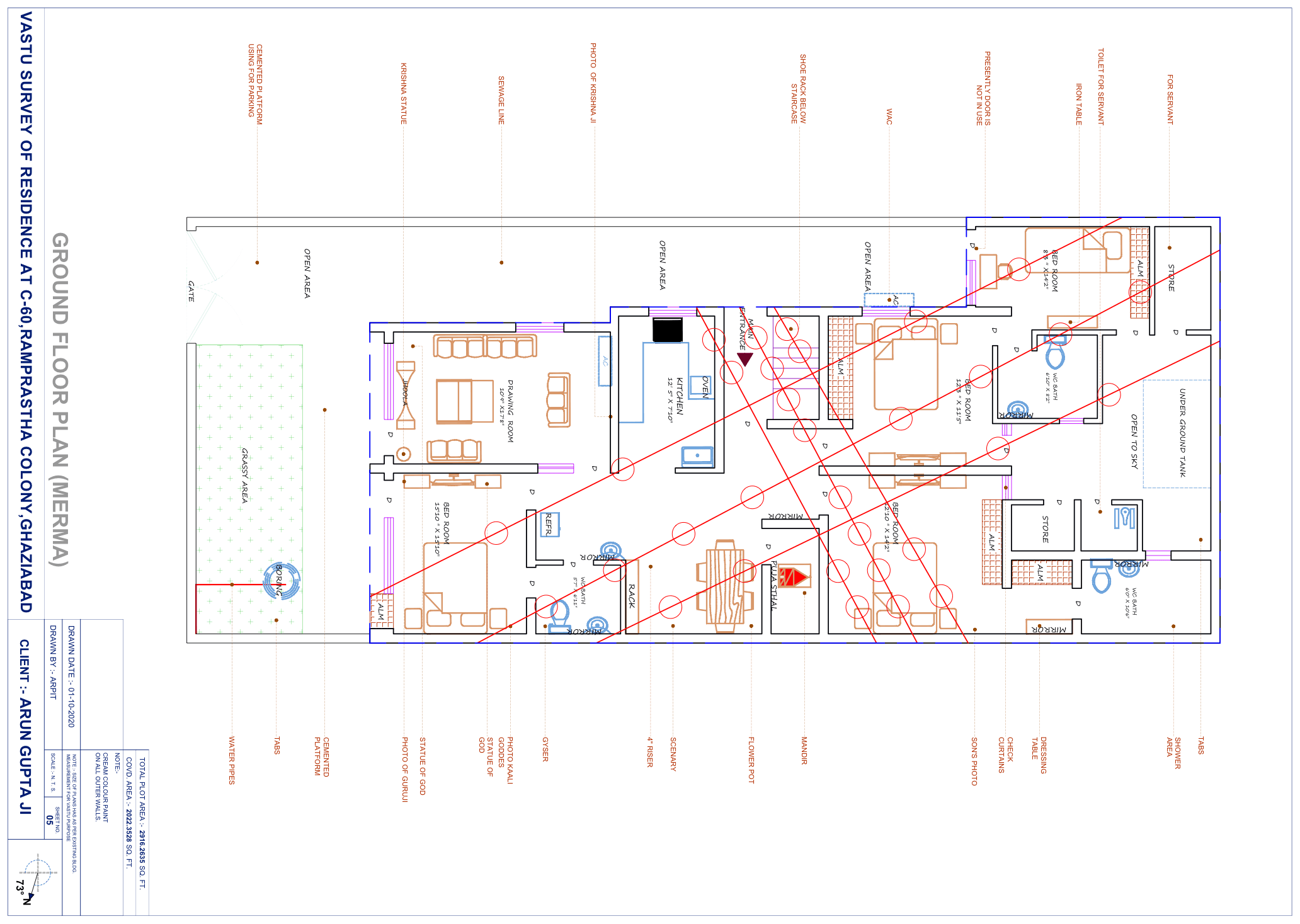 Ground Floor Plan - Ghaziabad Residence - Room-by-room layout of the ground floor as built, marked up during the site visit.