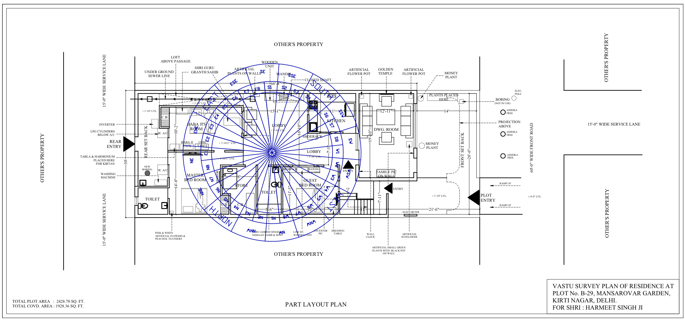 Grid Plan - Delhi Residence - The Vastu Purusha Mandala grid overlaid on the covered area of the layout.