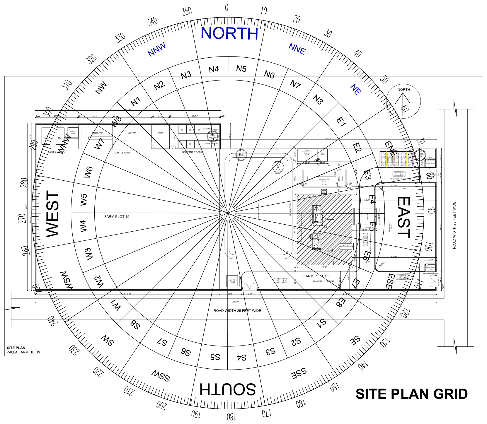 Site Plan - Farm Property - The plot boundary and compass orientation, marked out before any grid is applied.